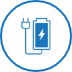 Un cercle bleu avec un dessin d'un smartphone en train d'être chargé pour représenter le branchement à une source d'énergie.