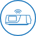 Une icône en forme de cercle bleu avec à l'intérieur le dessin d'un appareil CPAP symbolisant les mises à jour de l'appareil.