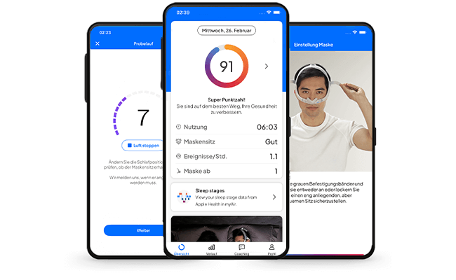 myAir App mit Schlafdaten, Hinweisen zur Einrichtung der Maske und Anzeigen für den Testbetrieb